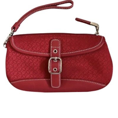TALBOTS red fabric with leather trim wristlet