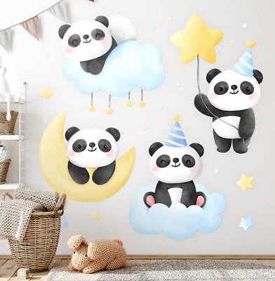 Wandbild Wandtattoo Wandaufkleber Wanddeko Cute pandas in pastel watercolor sky