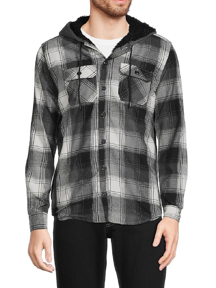 Distortion Men's Plaid Faux Shearling Lined Hooded Shacket, Black