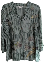 Citron Womens Blouse 1X Embroidered Button Front Bamboo Blend Boho Top boho