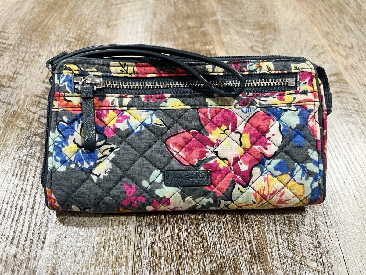Vera Bradley RFID Wristlet Wallet Painted Feathers Floral Gray 