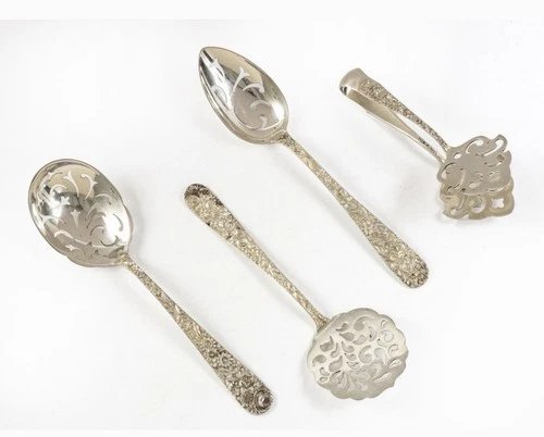 S. KIRK & SON, STERLING SILVER REPOUSSE  SERVING SPOONS AND TONGS, 4 PCS.