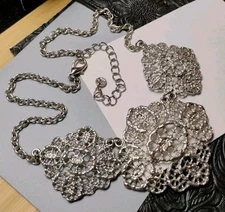 Ornate! CHARMING CHARLIE"S Openwork Silver Triple Panel 18"+ Necklace!