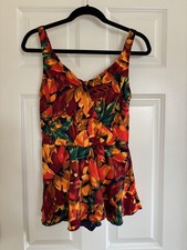 Vintage Jantzen Women Swimsuit One Piece Skirted V Neck Multi Color Floral 14