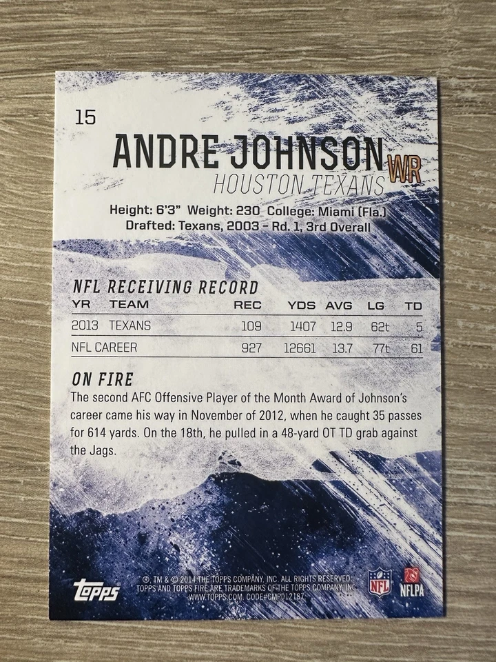 2014 Topps Fire - ANDRE JOHNSON - Purple SP /499 - Texans - Image 2 of 2