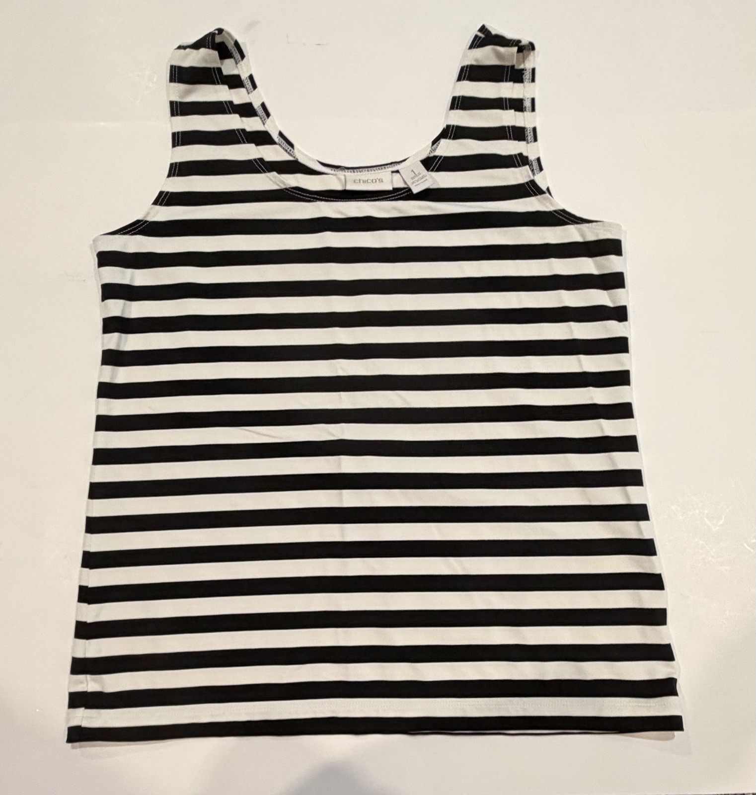 Chicos Size 1 (us Size m) Nylon And Spandex Black And White Striped Tank Top