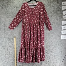 Old Navy Dress Women XL Burgundy Red Floral Print Long Sleeve Midi Lightweight R