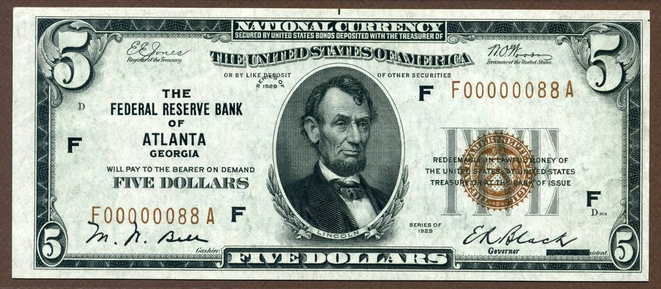 1929 $5 FRBN FR-1850-F Atlanta Georgia PMG CU64 EPQ Low Fancy S/N F00000088A - Image 2 of 3