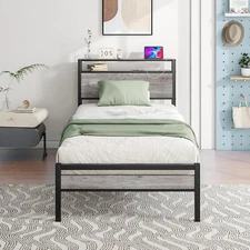 Twin Bed Frame with Storage Headboard and Charging Station, Twin Size, Heavy Dut