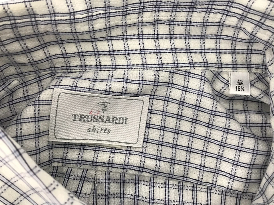 Camisa de vestir Trussardi para hombre manga larga botón delantero blanco azul rayas 42/16,5 Foto 3 de 4