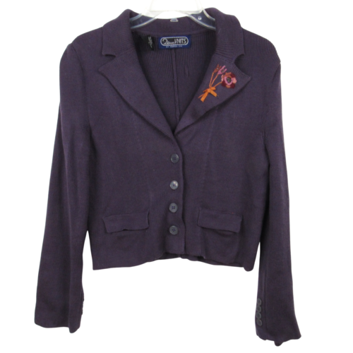Vintage 20 Ans by Mariea Kim Purple Acrylic Cardigan M Embroidered Floral Lapel - Picture 1 of 5
