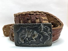 Vintage Bucking Bronco and Flower Belt Buckle with Leather belt
