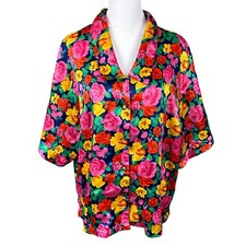 Vtg Victoria's Secret Gold Label L Floral Button Short Slv PJ Sleep Top Colorful