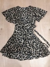 Women's Shein Brown Animal Print Flutter Sleeve Wrap Tie Belt Dress Size XS