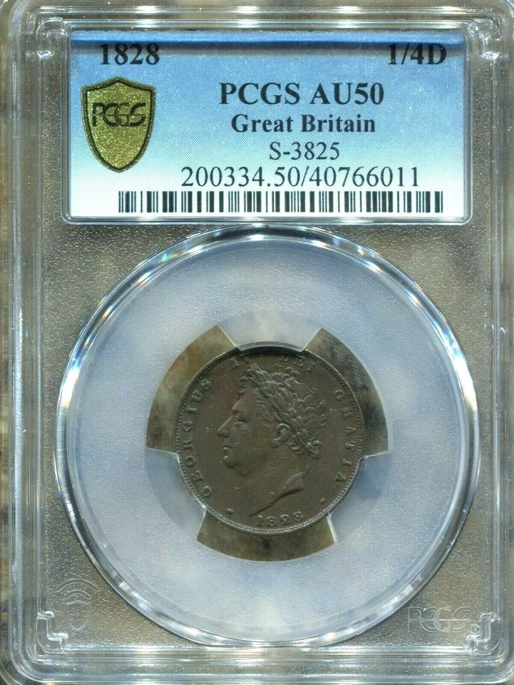 G. B.- BEAUTIFUL HISTORICAL GEORGE IV COPPER FARTHING, 1828, PCGS GRADED AU 50 - Image 2 of 2