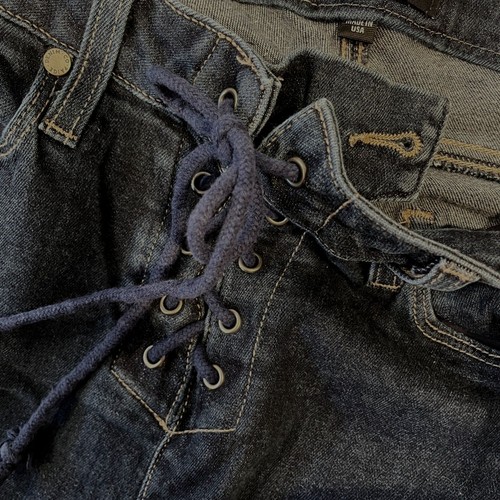 ~ PAIGE 31 Colette Flare Jeans* Stretch Women's Dark Blue Wash Lace Up Front HTF - Picture 5 of 13