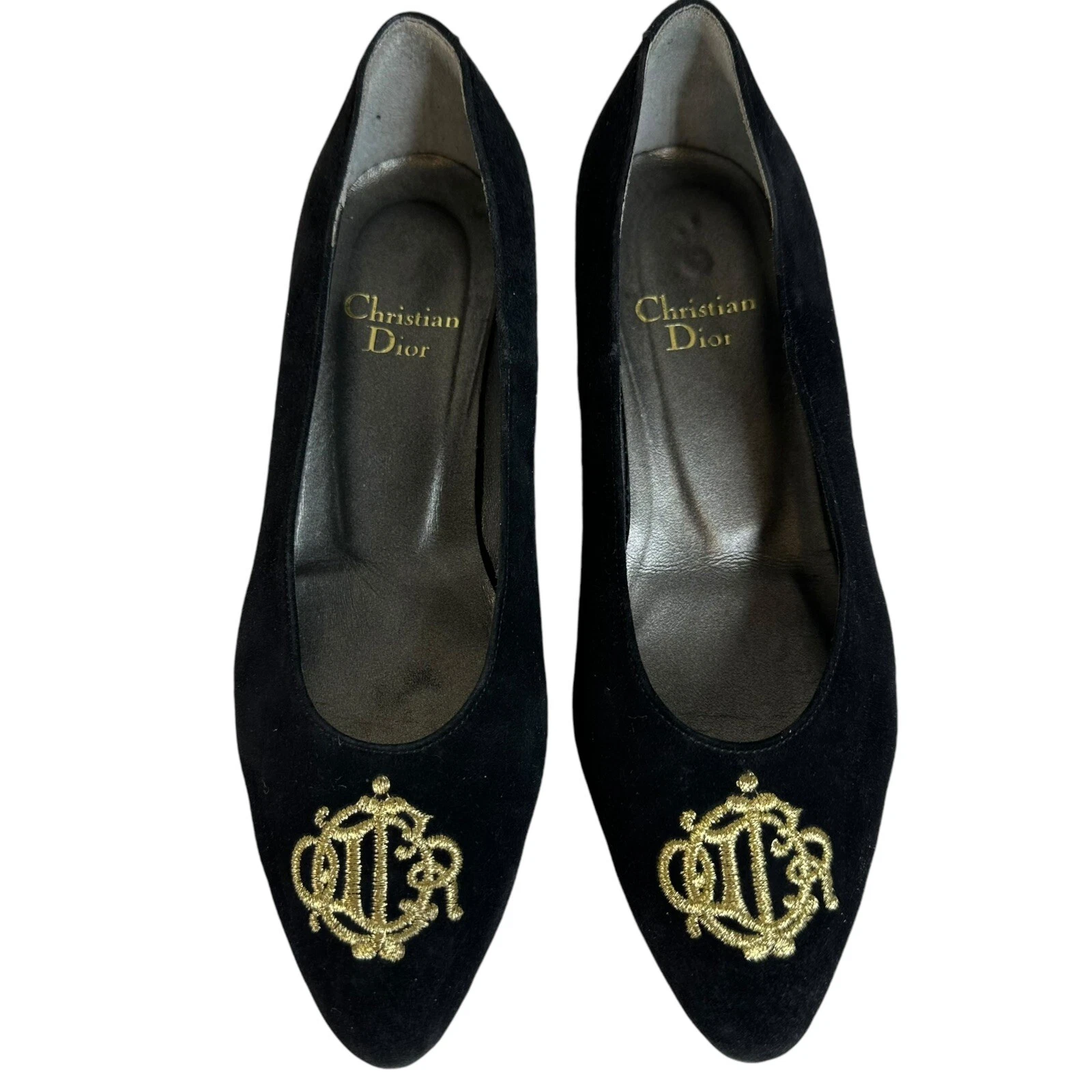 Chaussures Dior vintage escarpins talon compensé daim bout pointu logo or noir US 4,5 EU 35