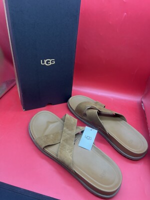 UGG Mens Wainscott Slide Sandals 7 Tan Leather Whipstitch Slip On Criss Cross UGG Slide Brown Sandals for Men for sale | eBay main image 4