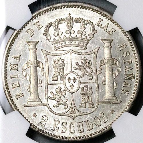 1868 (68) NGC AU-58 Spain 2 Escudos Isabel 2 Madrid Mint Silver Coin (24092907D) - Picture 4 of 7
