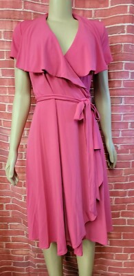 Vicky Tiel Wrap Dress Flutter Short Sleeve Midi Jersey Stretch Pink Sz M #C5