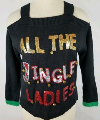 Christmas Sweater Hooked Up IOT Small Black Sequin All The Jingle Cold Shoulder