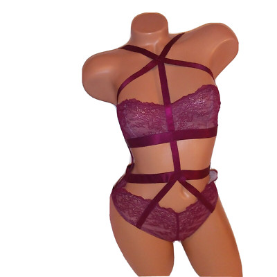 Victoria Secret Lingerie Teddy One Piece Bodysuit Small Deep Red Lace Strappy  
