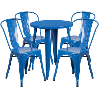 24'' Round Blue Metal Indoor-Outdoor Restaurant Table Set with 4 Cafe Chairs 