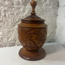 Beautiful VTG Artisan Hand Turned Carved Wood Jar Lid Floral Pattern 17 In H
