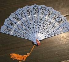 Vintage Foldable Plastic Hand Fan Blue With Tassel