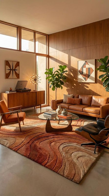 Hand Tufted Wool Rug Mid Century Modern Abstract Wavy Swirl Terracotta Orange6x9