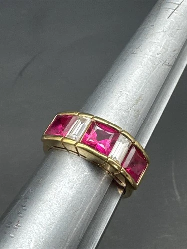Vintage HC 925 Ring Gold Tone Sterling Red Stones Size 9