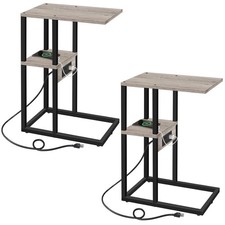 -Shaped Side Table, Set of 2, Table End Table with Charging Station, Sofa Cou...