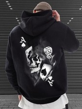 Men'S Casual Cotton Hoodie with Geometric Ace of Spades  Dice Print - Long Slee
