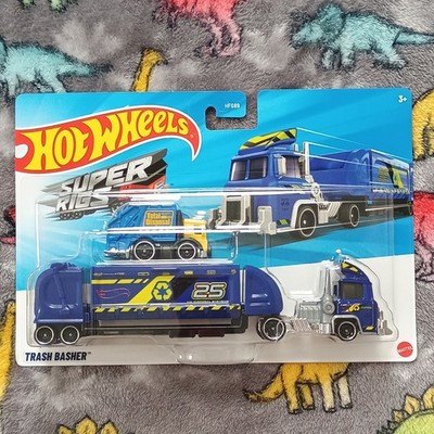 Hot Wheels Super Rigs TRASH BASHER Blue Recycle Truck & Total Disposal Car Set