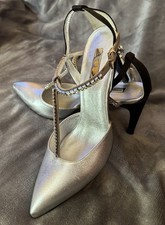 CALVIN KLEIN Black Peau de Soir  Silver wRhinestone T-Strap Heels Size EU38 EUC