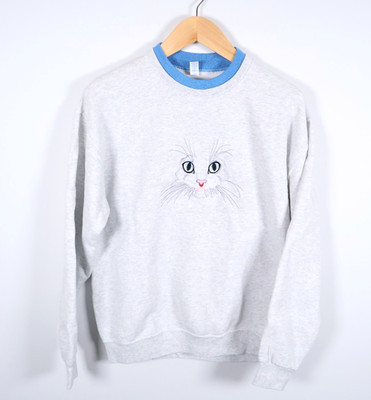 Embroidered Cat Face Sweatshirt Adult Large Heather Gray Double Collar Kitten