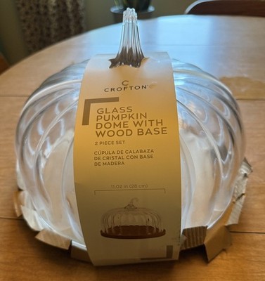 Aldi Crofton Glass Pumpkin Dome w/ Wood Base, NEW clear stem