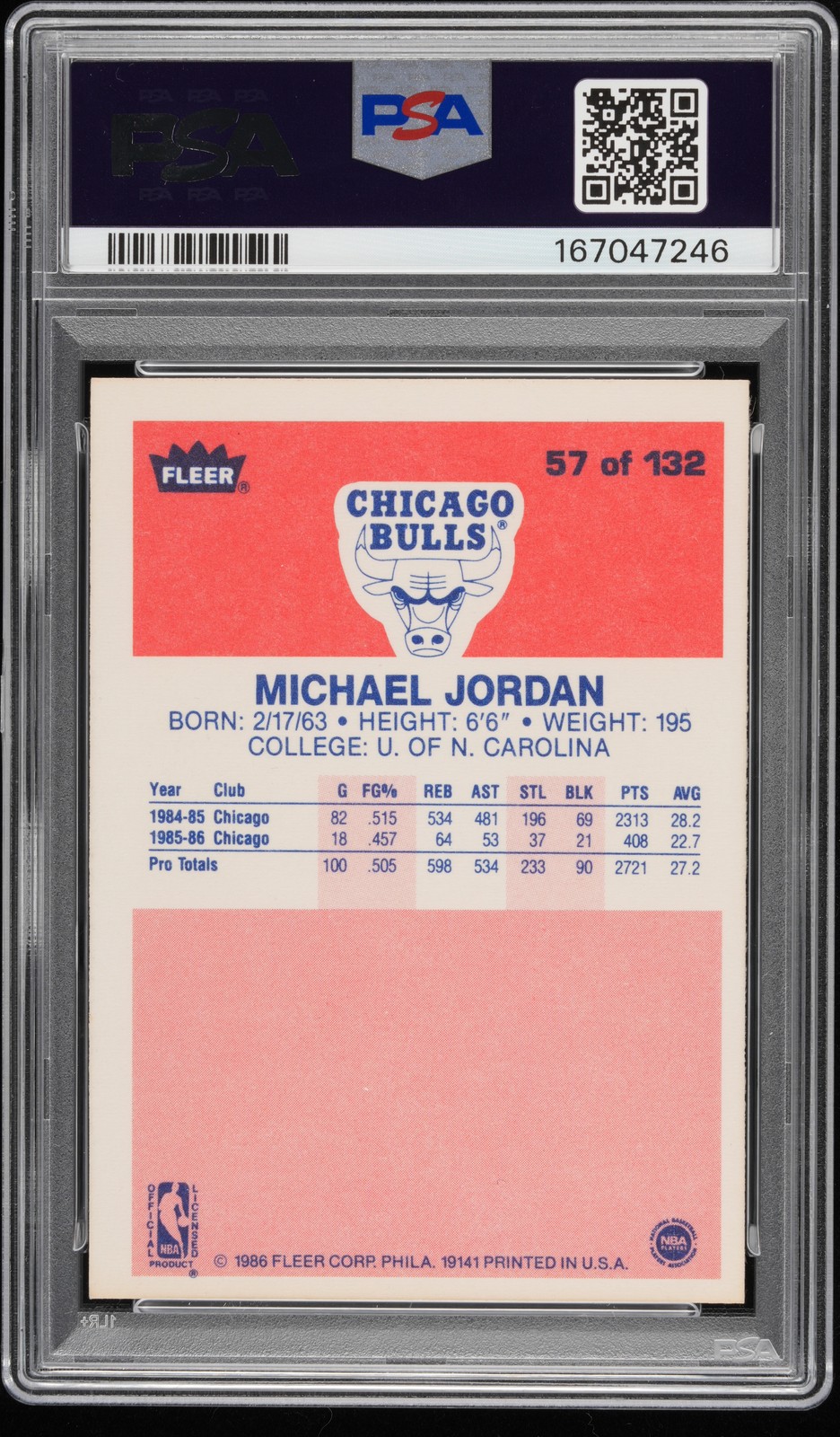 1986 FLEER #57 MICHAEL JORDAN ROOKIE RC PSA 5.5 view 2