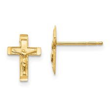 14k Yellow Gold Crucifix Cross Stud Earrings L 10mm, W 8mm
