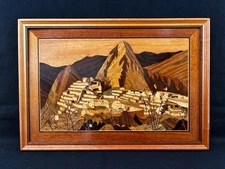VTG Machu Picchu Wood Inlay Marquetry Framed Peruvian Folk Wall Art 19.5"