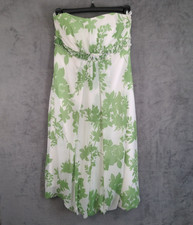 David's Bridal Strapless Dress Size 6 Green White Floral Chiffon Midi A-Line