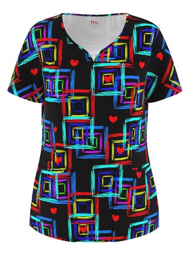 Women's 4 Way Stretch Notch Collar Printed Scrub Top Sizes XS S M L XL 2XL NWT