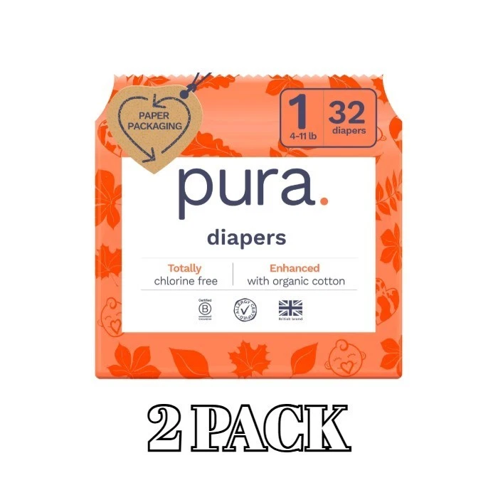 Pura Size 1 Eco-Friendly Diapers (4-11Lbs) Hypoallergenic, PACK OF 2