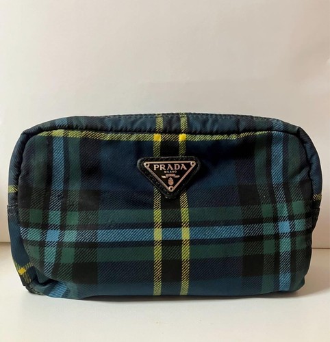 Rare Excellent condition PRADA nylon makeup pouch PRADA check navy green blue