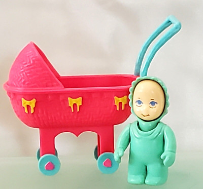 VINTAGE 1990'S LITTLE TIKES DOLL HOUSE AQUA BABY 2.5'' FIGURE & KID KORE BUGGY