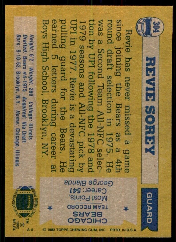 1982 Topps^ Revie Sorey Chicago Bears #304 - Image 2 of 2