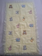 Handmade Baby Blanket Cross Stitched Animals Fringed Pastels 43x26 Inch