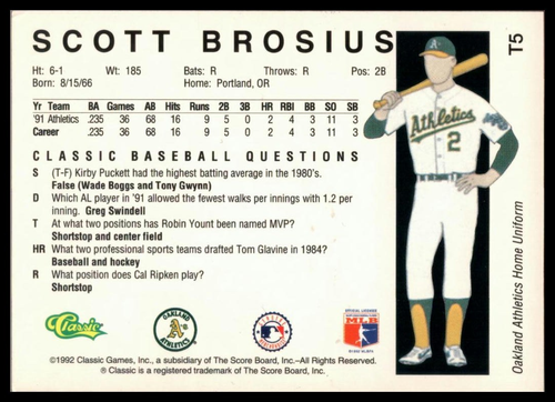 1992 CLASSIC II #T5 SCOTT BROSIUS OAKLAND ATHLETICS - Picture 2 of 2