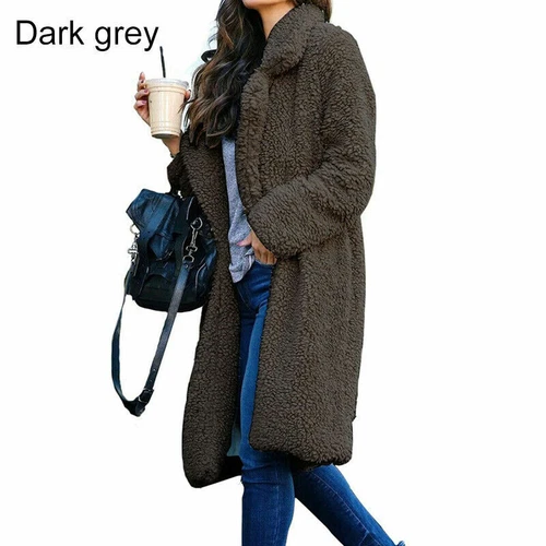 Damen Winter Warm Teddybär Mantel Flauschige Jacke Kunstfell Lange Strickjacke Oberbekleidung - Bild 6 von 13