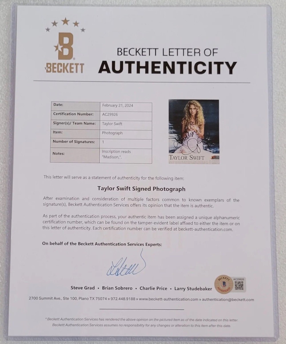 TAYLOR SWIFT SIGNED 8x10 BECKETT LETTER OF AUTHENTICITY BAS LOA